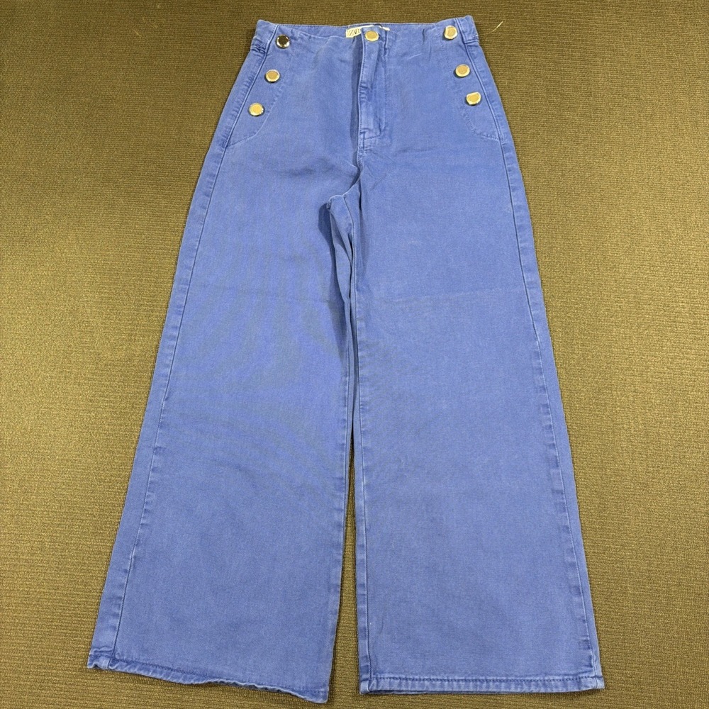 NWOT Zara Blue Wide Pants High Waist Gold Buttons Size 4‎ 100% Cotton